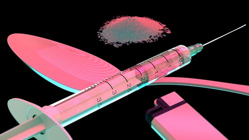 digital illustration using neon pink and blue against a black background of a hypodermic syringe and needle, spoon, cigarette lighter, and pile of powder - heroin