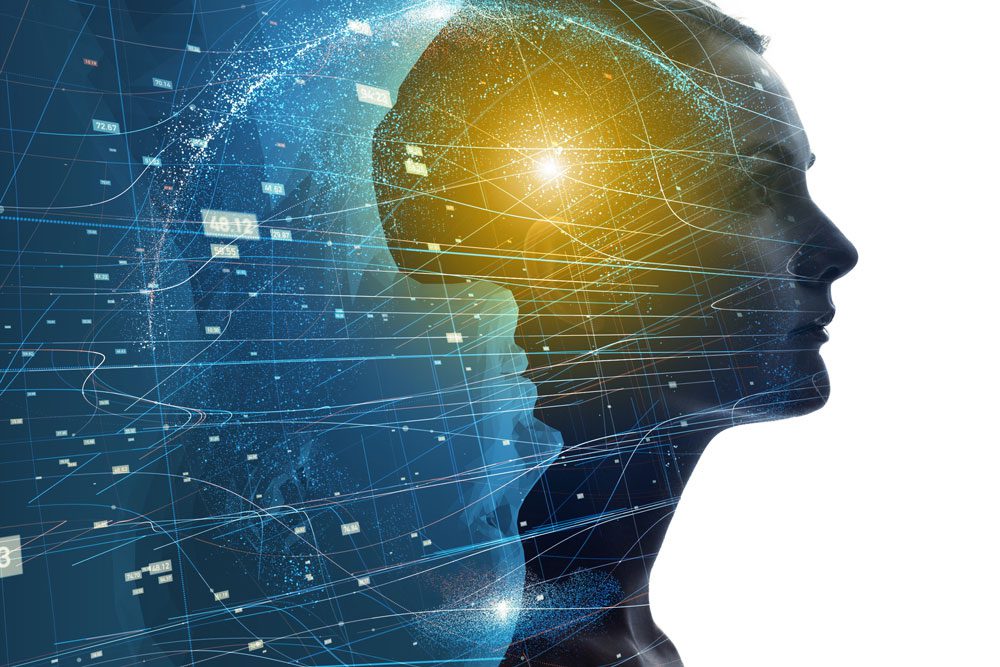 image of a brain lit up overlaid on a woman's head - brain neuroplasticity