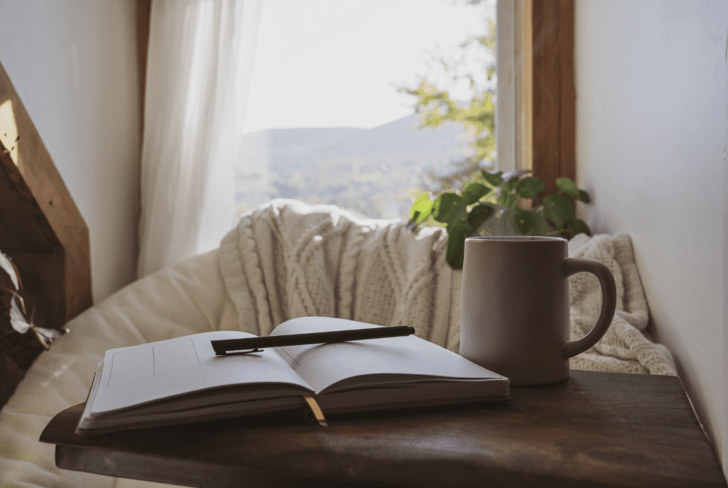 An open journal on a desk.