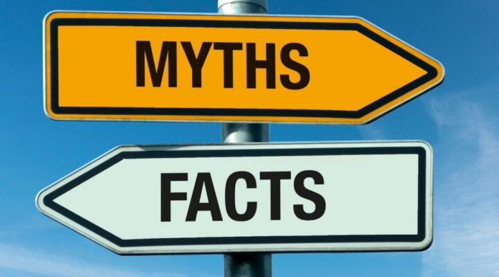 Canyon Vista - Myths and Misinformation About Recovery Part Three. A yellow sign with myths points to the right and a white sign with facts points to the left.